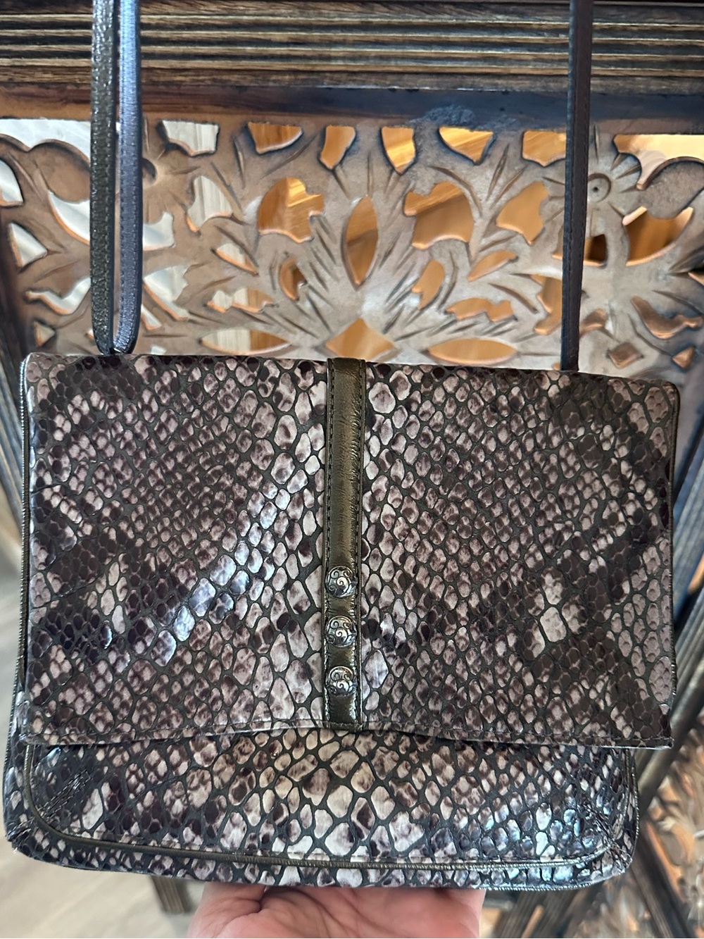 BRIGHTON Gray & Black Leather Snake Print Foldover Flap Crossbody or Clutch Bag.
